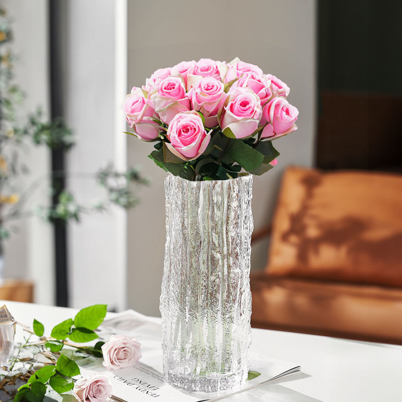 Hand Blown Clear Glass Vase 30.5cm Tall Slim Vintage Pink Hue