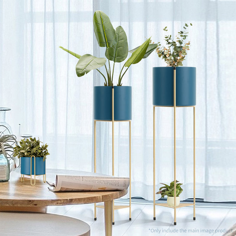 2 Layer Metal Plant Stand 81cm Gold with Blue Pot Indoor Outdoor Corner Display