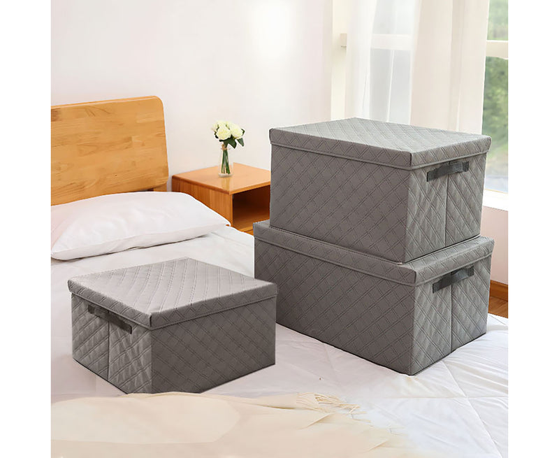 Medium Grey Non Woven Foldable Storage Box 40x30x25cm Quilted Diamond Lid