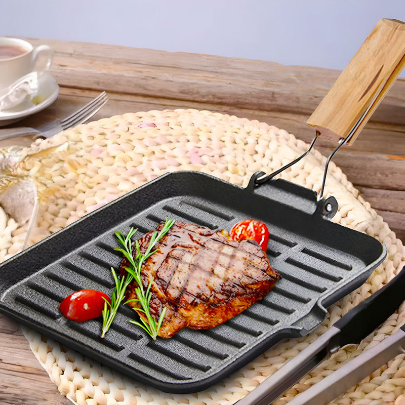 2X 24cm Cast Iron Square Grill Pan Ribbed Surface Folding Wooden Handle
