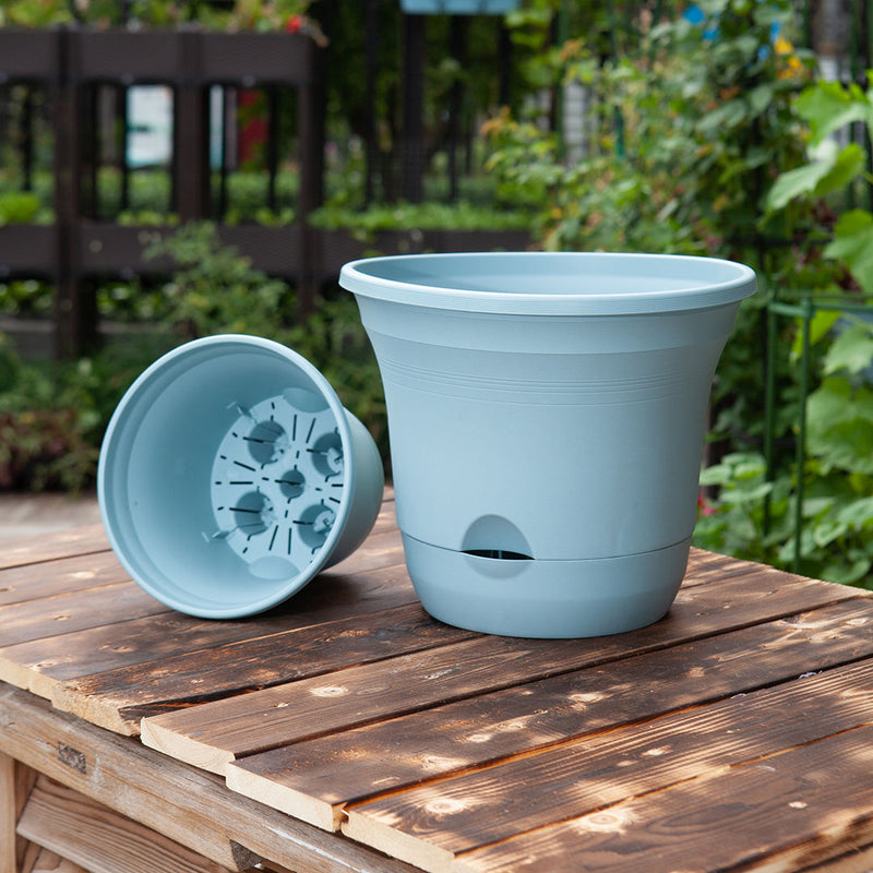 Blue Plastic Self Watering 19.5cm Plant Pot Flower Bonsai Outdoor Decor Set of 2