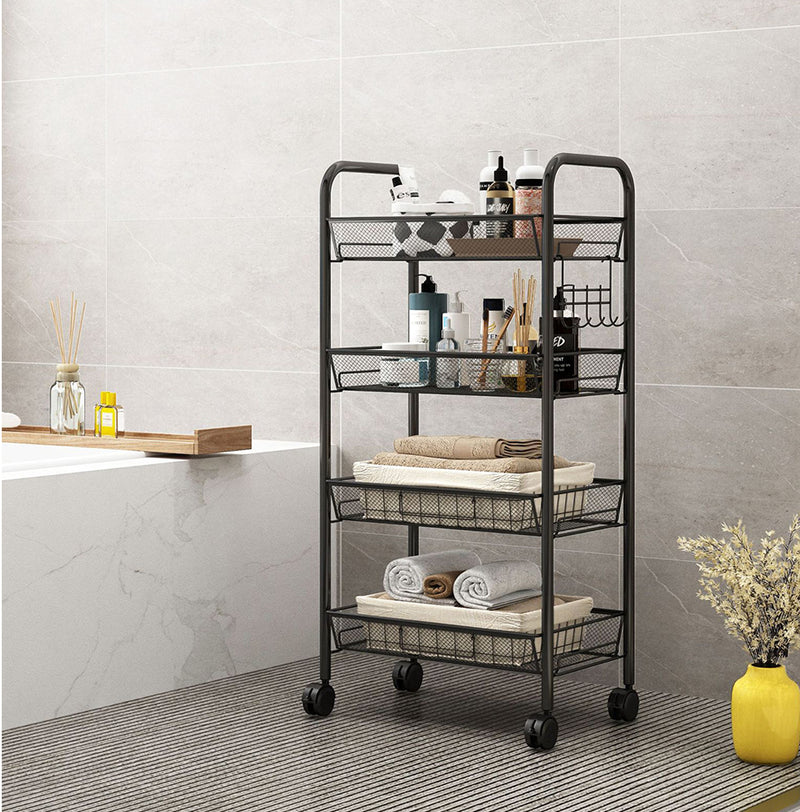 4 Tier Steel Mesh Kitchen Cart 44cmx27cmx85cm Black Shelves With Wheels