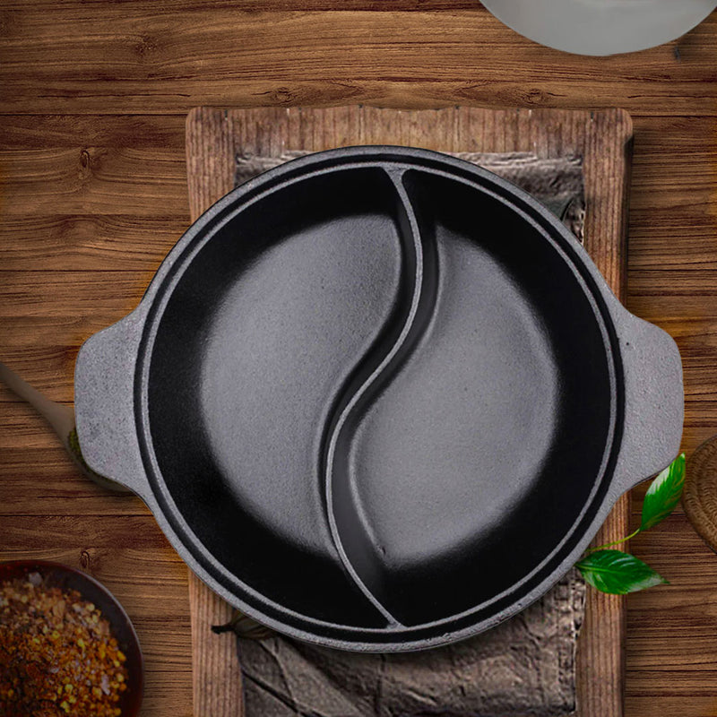 2X 32cm Cast Iron Round Hot Pot Two Flavor Divider Preseasoned Black