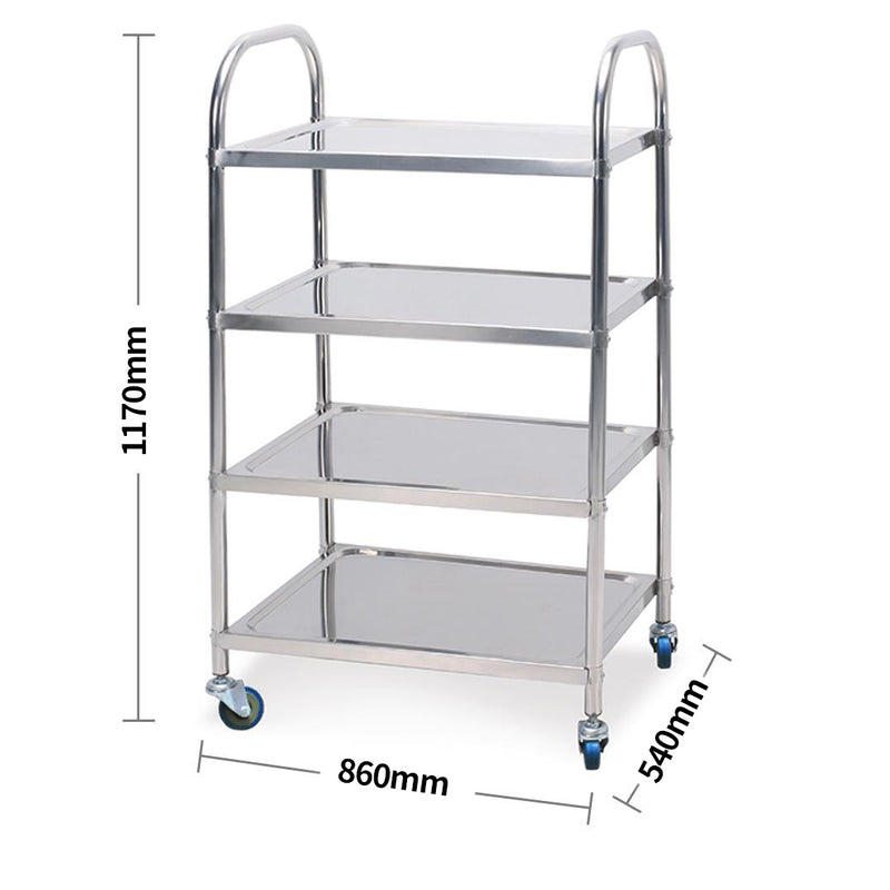 18/10 Stainless Steel 4 Tier Kitchen Trolley Cart 860x540x1170mm 2 Inch Wheels