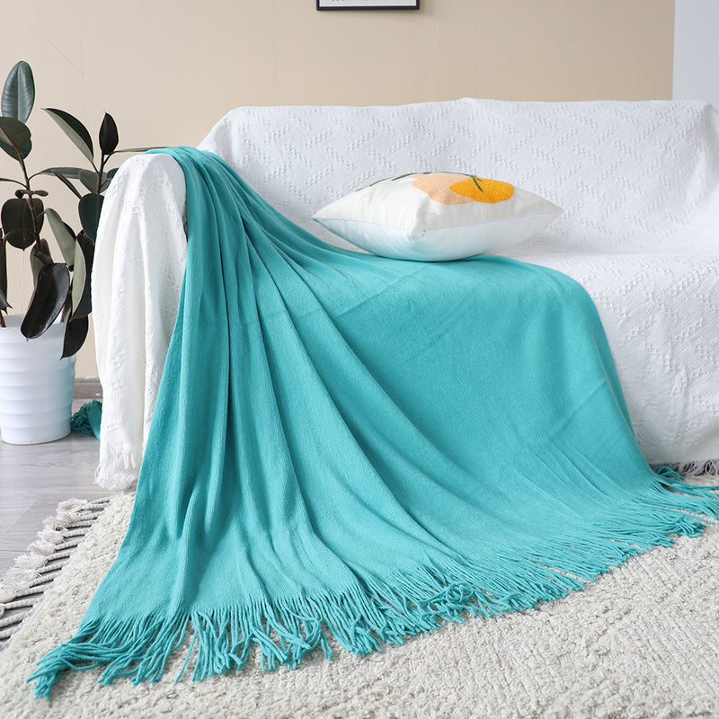 Teal Acrylic Knitted Throw Blanket Solid Fringed 130x220cm Cozy Home Decor