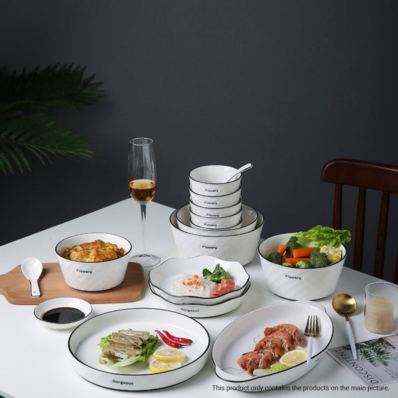 Diamond Pattern White Ceramic Dinnerware Set of 13 8 Inch Plate 4.5 Inch Bowl