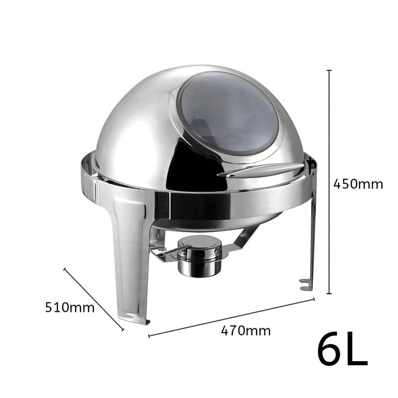 2X 6L Round Stainless Steel Chafing Dish Glass Roll Top Dome Cover