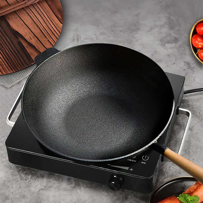 2X 31cm Cast Iron Wok Fry Pan Black Wood Handle Nonstick Induction