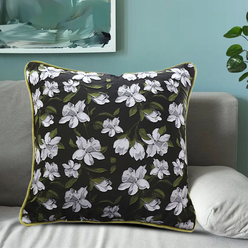 Velvet Pillow 45cm Square Olive Green Blossom Design Plush Throw Cushion