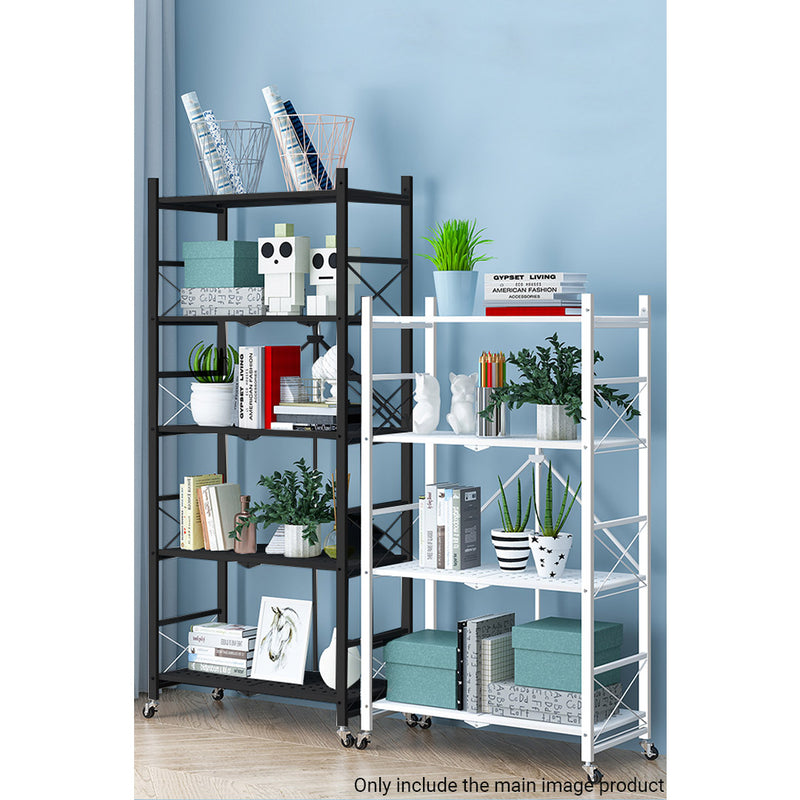2X 5 Tier Carbon Steel Black Foldable Display Stand With Wheels For Storage