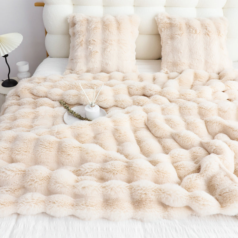 2X 160X200cm Double Layer Rabbit Fur Throw Blanket Polyester Light Camel
