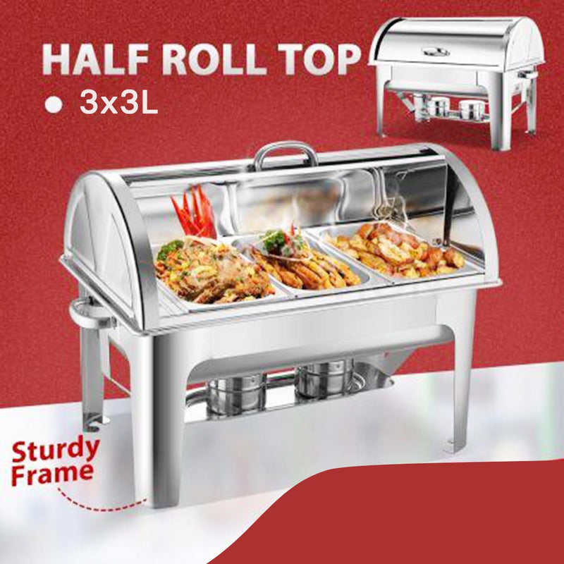 Triple Tray 3L Stainless Steel Roll Top Chafing Dish Food Warmer Mirror Finish