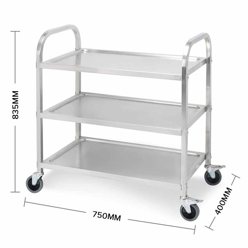 3 Tier Stainless Steel Kitchen Food Cart Trolley 75x40x83.5cm Locking Wheels