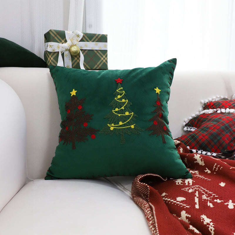 2X 45x45cm Plush Throw Pillow Green Embroidered Christmas Trees Square