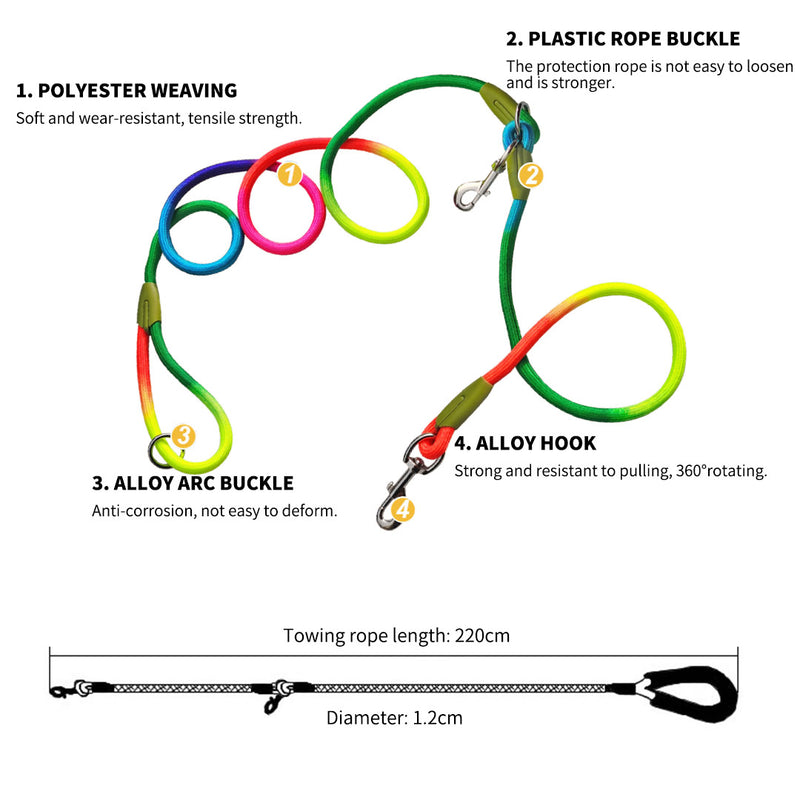 220cm Polyester Braided 1.2cm Double Ended Hands Free Dog Cat Leash Rainbow