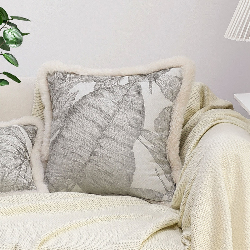 45cm Square Velvet Embroidered Leaf Throw Pillow Silver 15cm