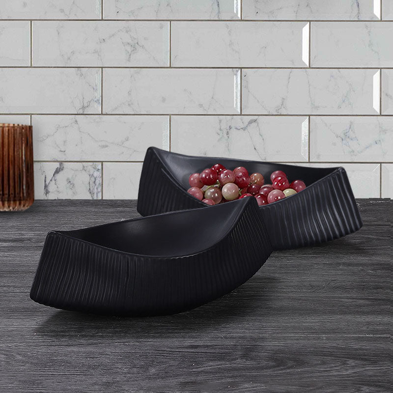 2X Black Ceramic Boat Shaped Serving Tray 37x18cm Kitchenware Decor