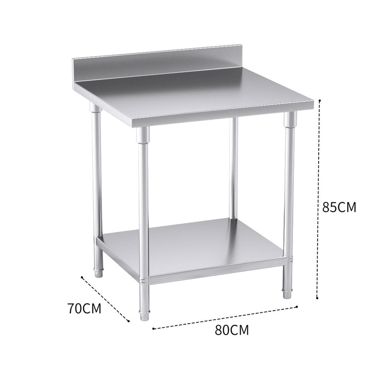 Stainless Steel Kitchen Prep Bench With Backsplash 800x700x850mm Adjustable Shelf