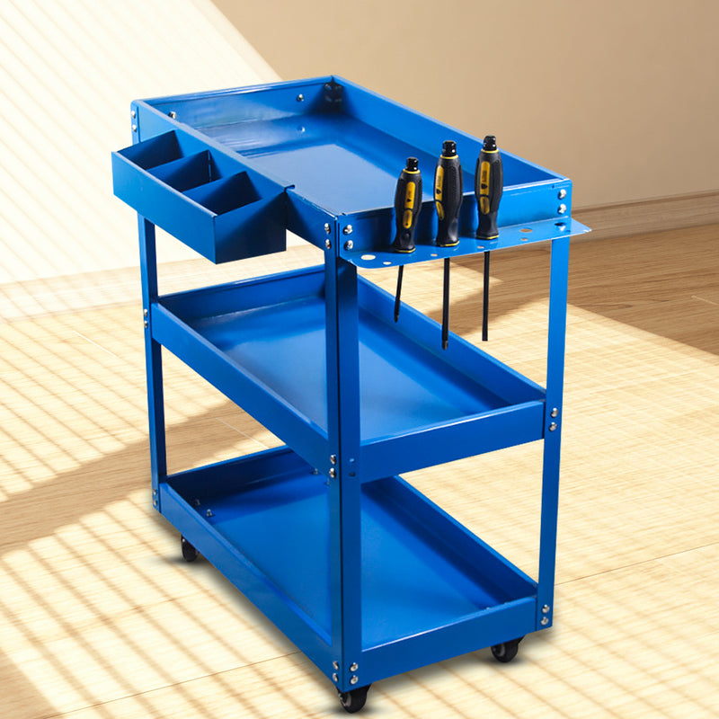 2X 3 Tier Tool Storage Cart Cold Rolled Steel 33kg Capacity Blue 66x36x73cm