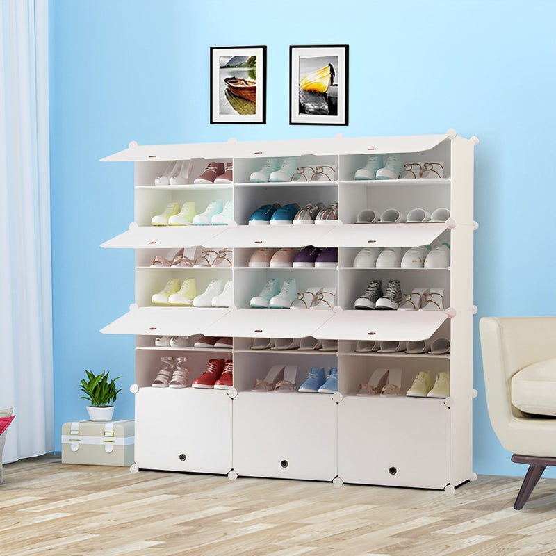7 Tier 3 Column White Plastic Shoe Rack Organizer 125.5x32x126cm With Cover