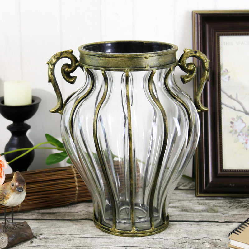 Clear European Glass Flower Vase with Gold Metal Handles 25cm x 33cm Decor