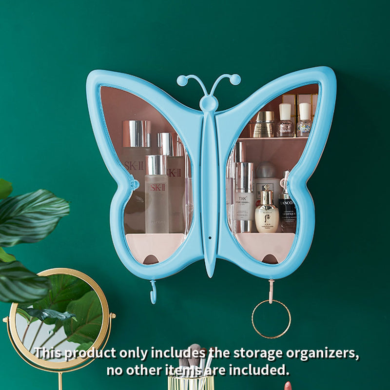 Blue Butterfly Wall Mounted Makeup Organizer Plastic 42.5x11x36cm Dustproof