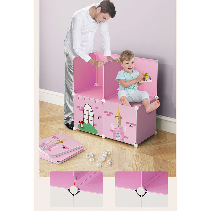 10 Cubes Diy Castle Print Portable Wardrobe Polypropylene 110x37x165cm Pink
