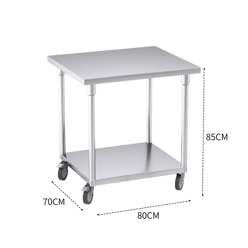 80cm Stainless Steel Commercial Prep Workbench 200kg With Locking Wheels