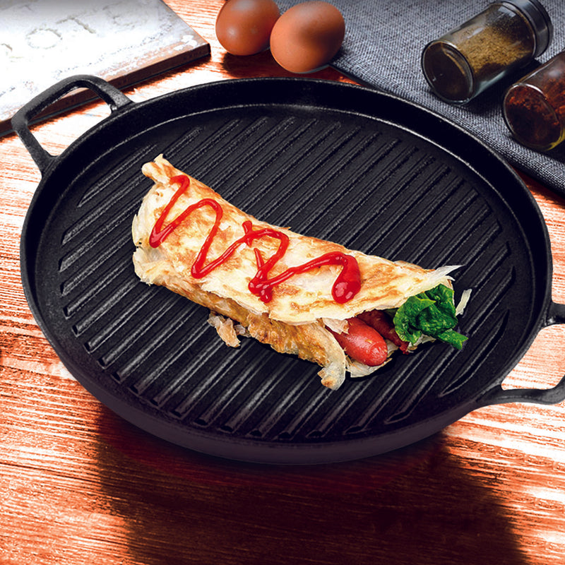 28cm Ribbed Cast Iron Frying Pan Skillet Non-Stick Sizzle Platter Black