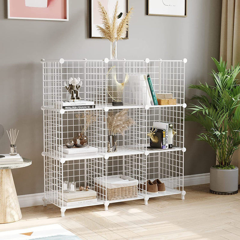 White Portable 9 Cube 3 Column Iron Wire Mesh Storage Organizer 110.5x37x113.5cm