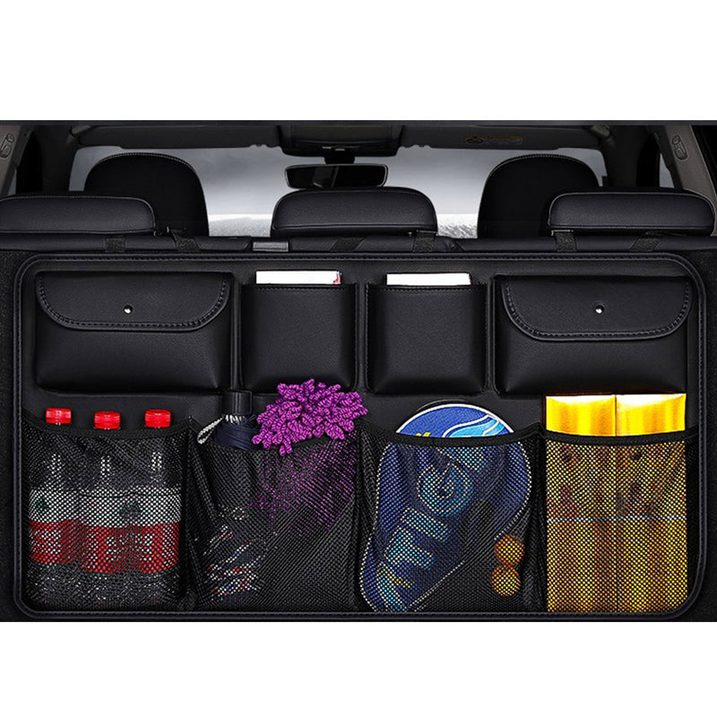 Leather Car Rear Seat Storage Bag 46x88cm Black 8 Pockets Waterproof