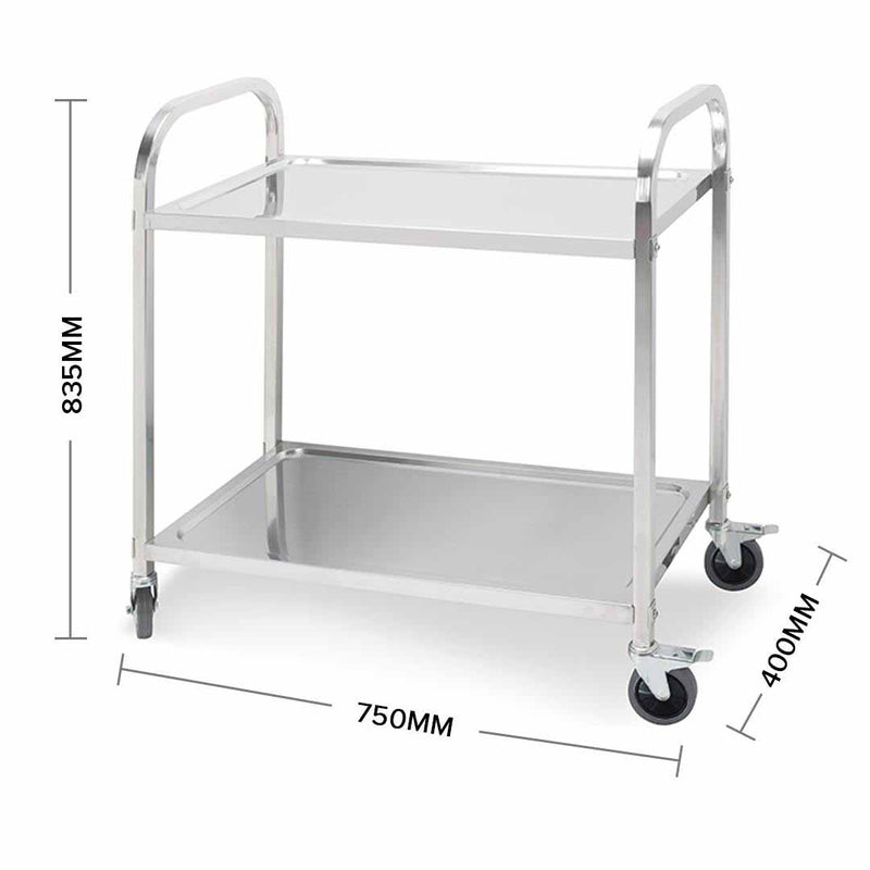 2 Tier 18/10 Stainless Steel Kitchen Utility Cart 75x40x83.5cm Locking Wheels