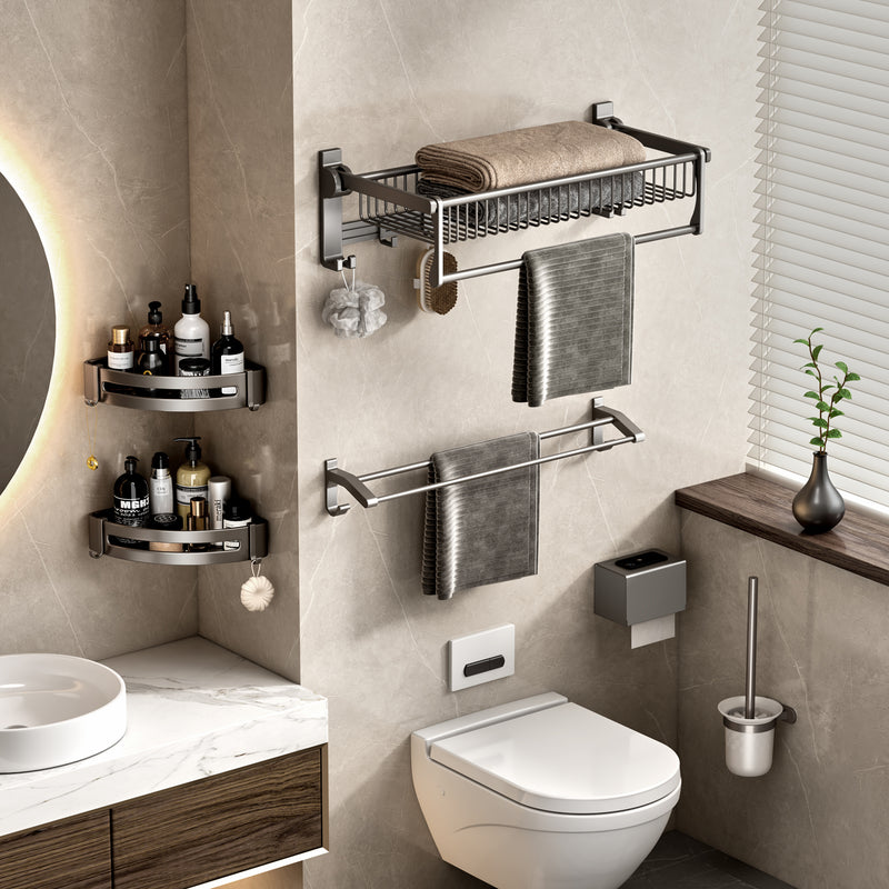 Wall Mounted Double Pole Towel Holder Aluminum Space Saving Waterproof Gray