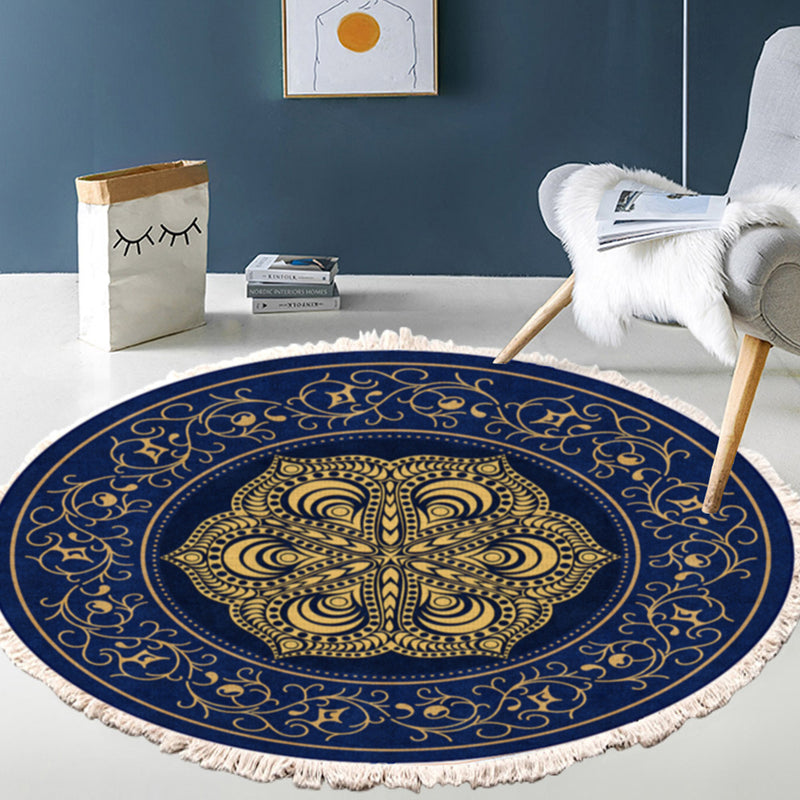 2X 90cm Round Polyester Area Rug Mandala Turquoise Grey Anti Slip Backing