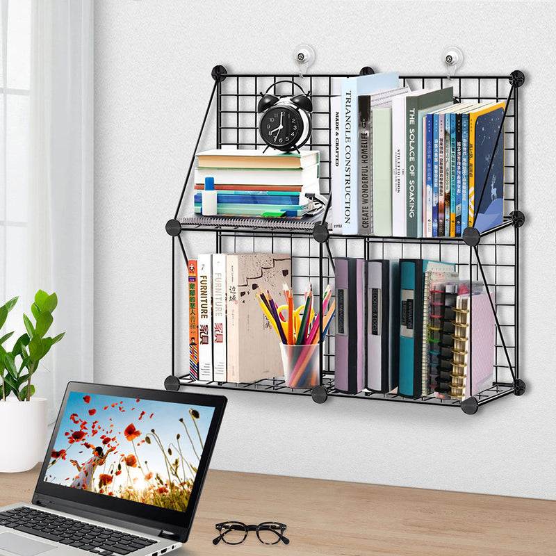 2X Black Portable 4 Cube 2 Tier Iron Wire Mesh Storage Organiser 75x37x75cm