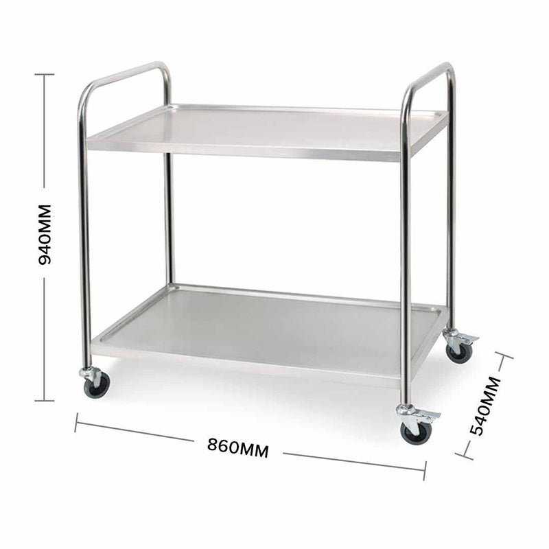 2 Tier Stainless Steel Kitchen Trolley Utility Cart Large With Locking Wheels