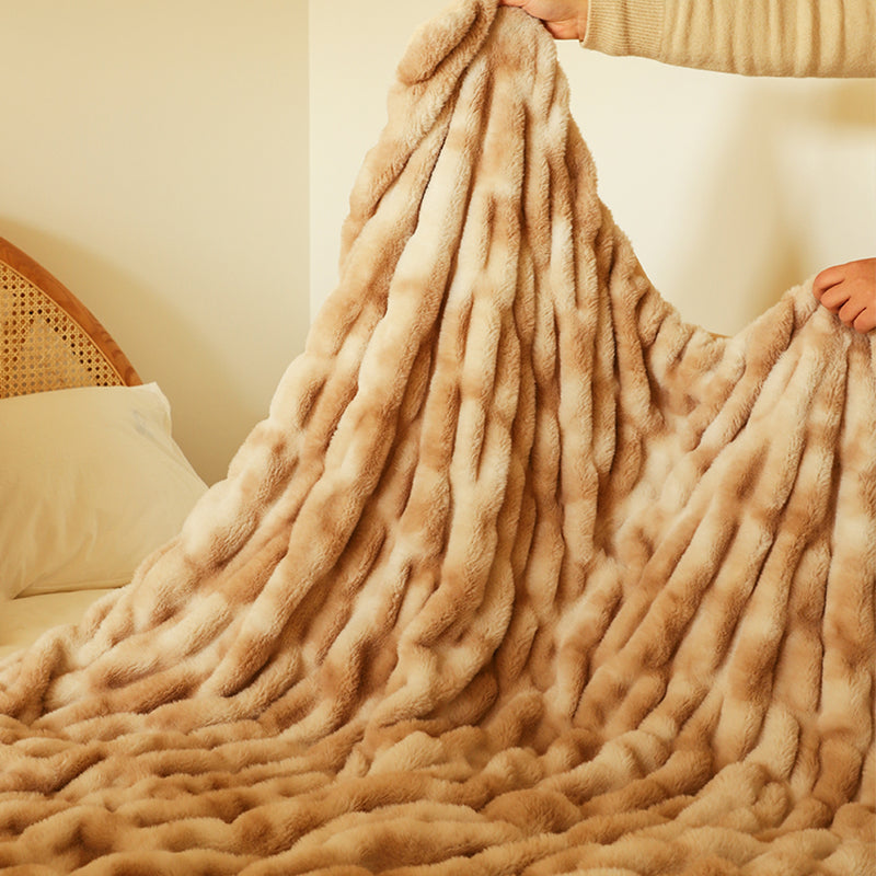 2X 150x200cm Double Layer Polyester Faux Rabbit Fur Throw Blanket Camel Brown