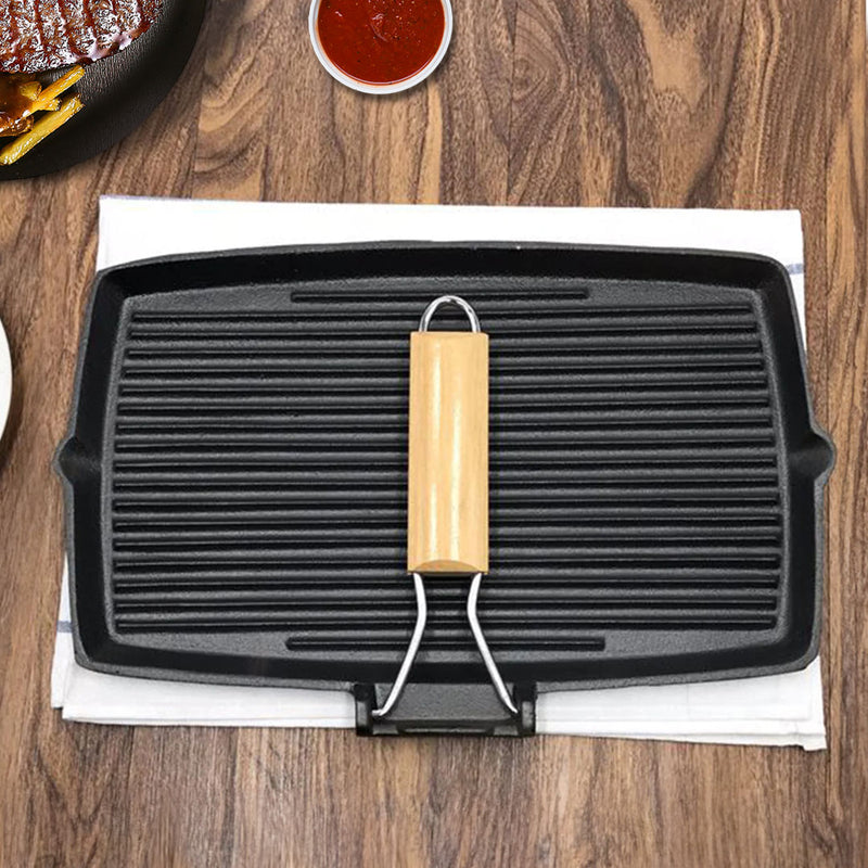 Cast Iron Rectangular Grill Pan 20.5cm Black Folding Wooden Handle