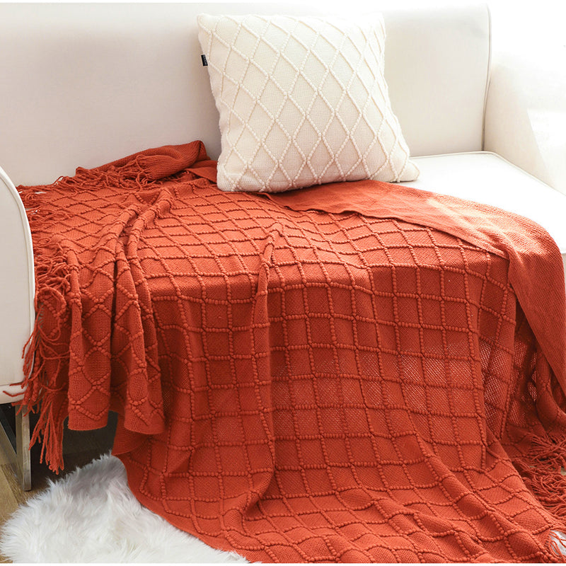 Red Diamond Pattern Knitted Throw Blanket 100% Acrylic 130x230cm with Tassels