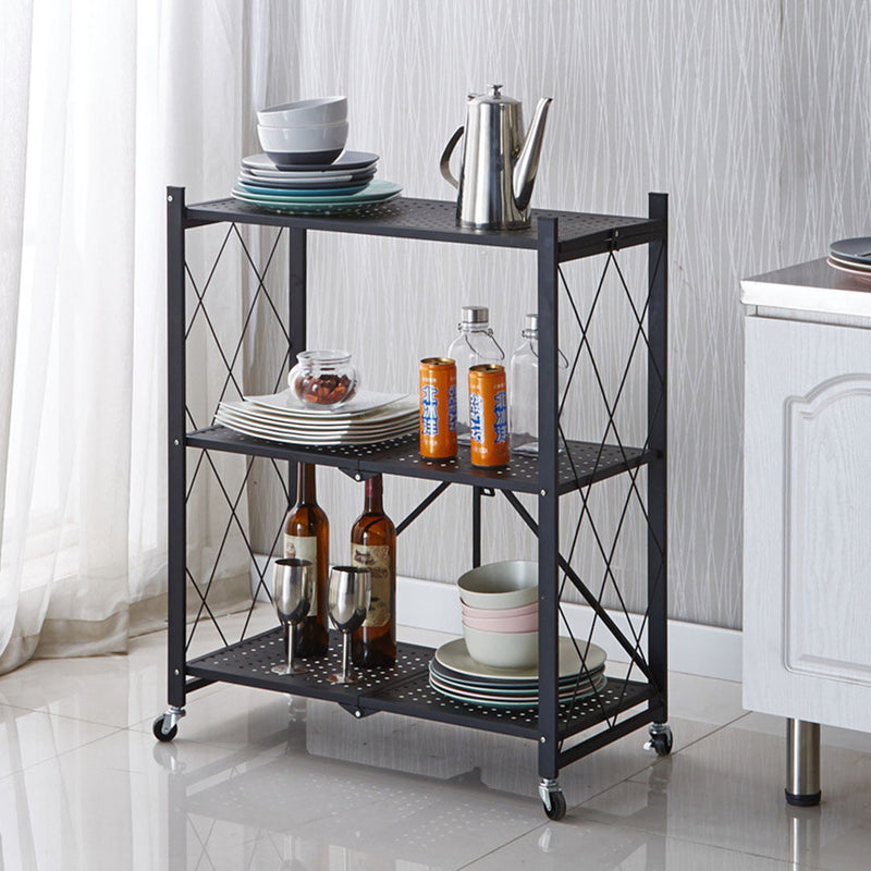 3 Tier Carbon Steel Foldable Black Kitchen Cart Storage Shelves with Wheels