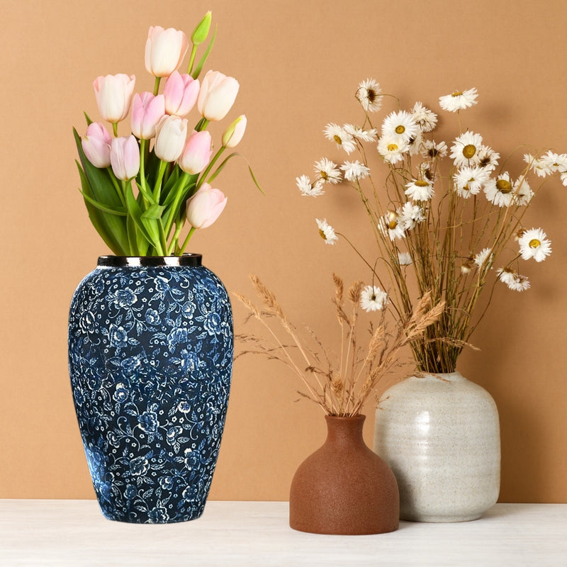 Medium Ceramic Flower Vase 30x19cm Blue And White Floral Home Decor