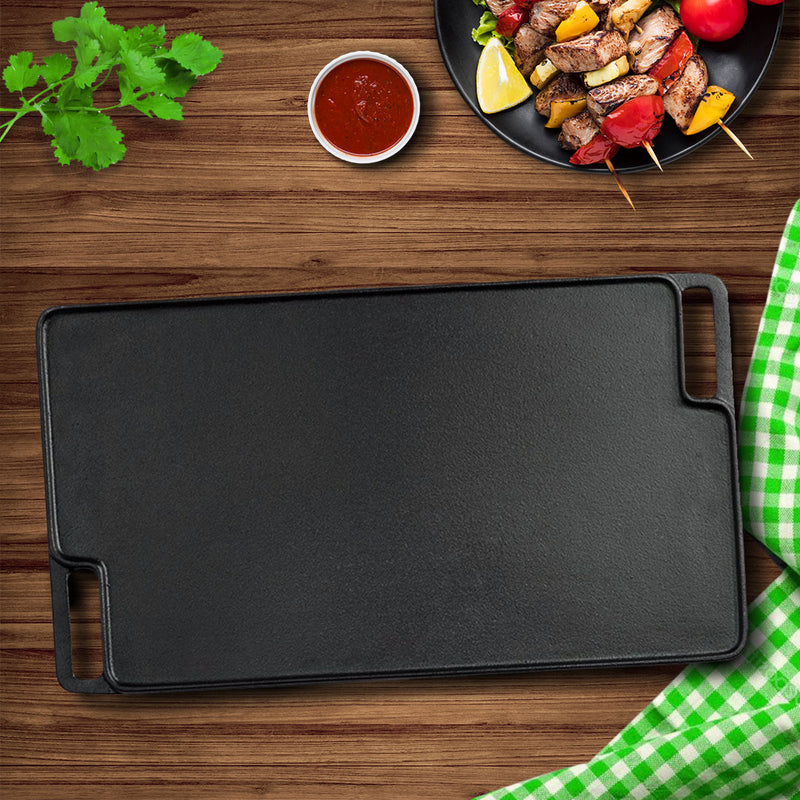 Rectangular Cast Iron Grill Plate 45cm Preseasoned Nonstick Black Handle
