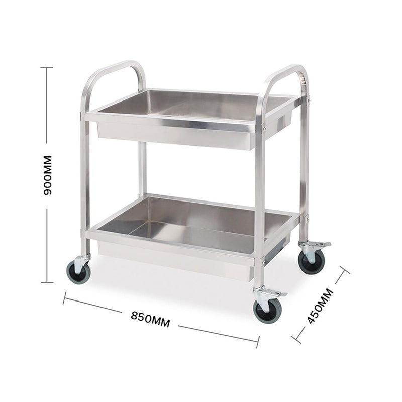 2X 2 Tier 18/10 Stainless Steel Kitchen Trolley 85x45x90cm Locking Wheels