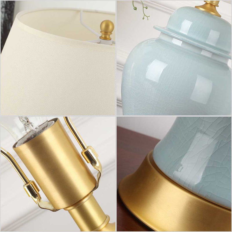 Oval Ceramic Table Lamp Gold Metal Base Drum Fabric Shade Yellow 60cm