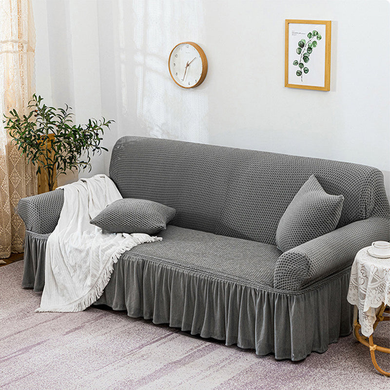 4-Seater Grey Polyester Sofa Cover With Ruffled Skirt High Stretch Protector