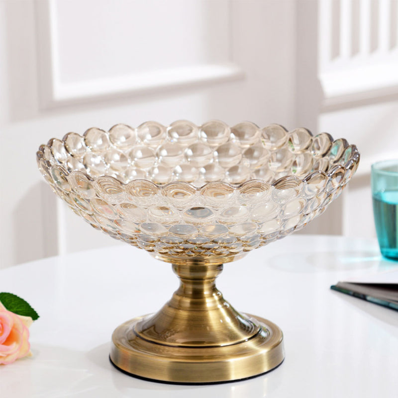 Bronze Glass Pedestal Fruit Bowl 30cm X 18cm Iron Base Crystal Decor