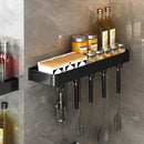 50cm Black Wall Mounted Aluminum Kitchen Spice Storage Rack with Hooks