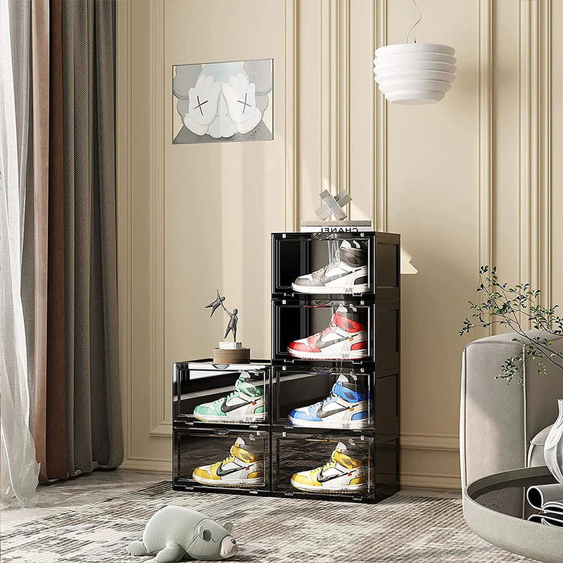 2 Tier Black Plastic Shoe Organizer Folding Stackable Box with Magnetic Door