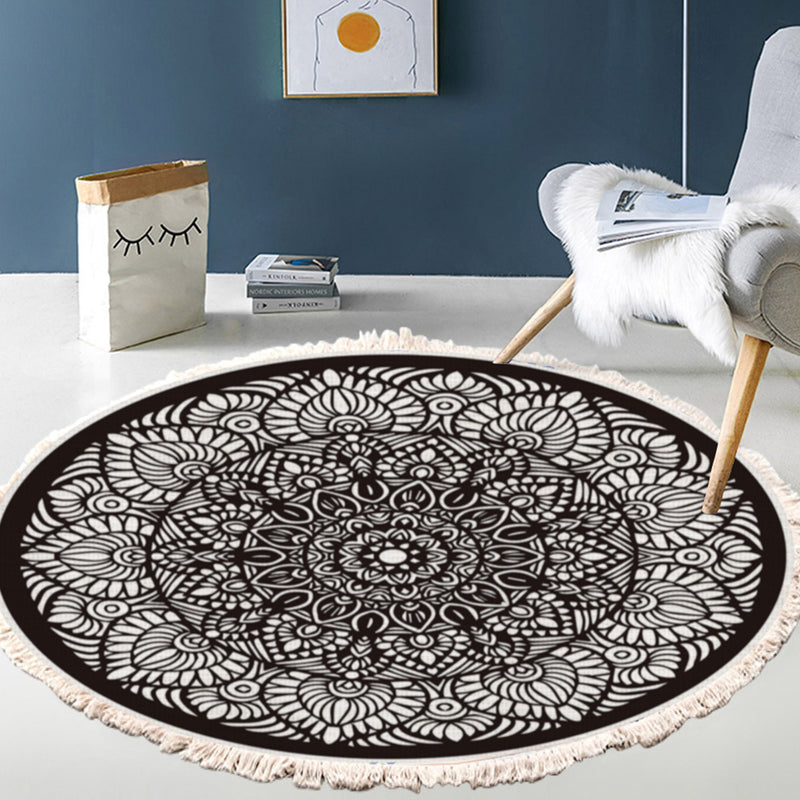 2X 120cm Mandala Round Polyester Rug Anti Slip Backing Tassel Print