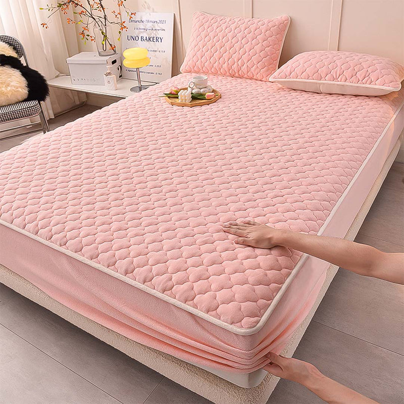 2X Pink Polyester Mattress Cover 203x153x40 Quilted Fleece With 4 Pillow Covers